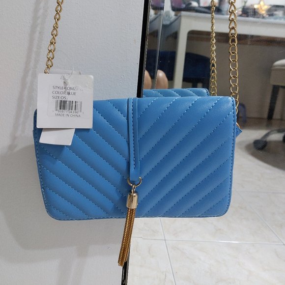 OLIVIA MILLER Easy On Slip On Messenger Style Handbag Beautiful Blue Gold Tassel - Picture 6 of 10